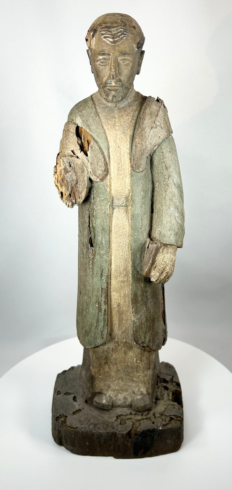 Antique Latin American santo sculpture with traces of polychrome paint
