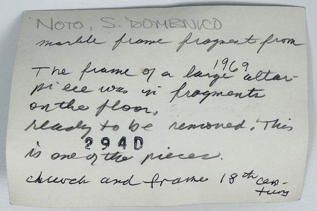 Reverse of provenance postcard with handwritten notes relating to the San Domenico marble fragment and its discovery.