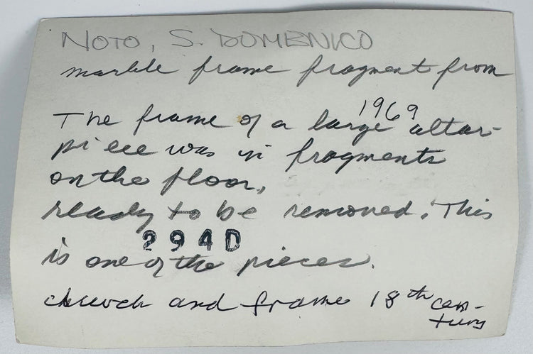 Reverse of provenance postcard with handwritten notes relating to the San Domenico marble fragment and its discovery.