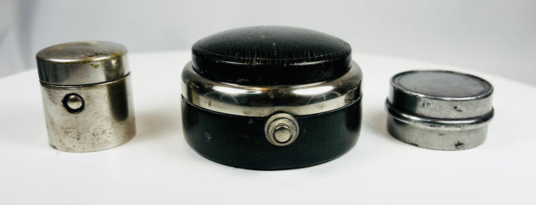 Early 20th century travel inkwell set with ebonized wood and nickel finish