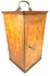 Antique Spencer microscope carrying cabinet with geometric wood veneer, curved metal handle, and front locking hardware.