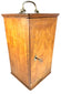 Antique Spencer microscope carrying cabinet with geometric wood veneer, curved metal handle, and front locking hardware.