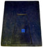 Back of a Victorian velvet photographic presentation case showing the integrated folding easel support and blue textile pull tab.