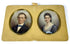 Removable double portrait panel featuring oval colour images of a Victorian gentleman and woman set in gilt-coloured frames and cream velvet.