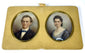 Removable double portrait panel featuring oval colour images of a Victorian gentleman and woman set in gilt-coloured frames and cream velvet.