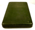 Antique green leather-covered portrait case shown closed, displaying its protective exterior, rounded corners, and age-related surface wear.