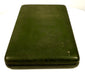 Antique green leather-covered portrait case shown closed, displaying its protective exterior, rounded corners, and age-related surface wear.