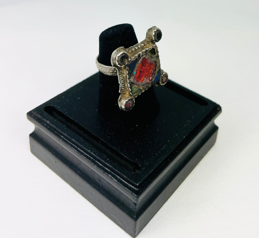 Antique North African folk silver ring with protective geometric ornamentation