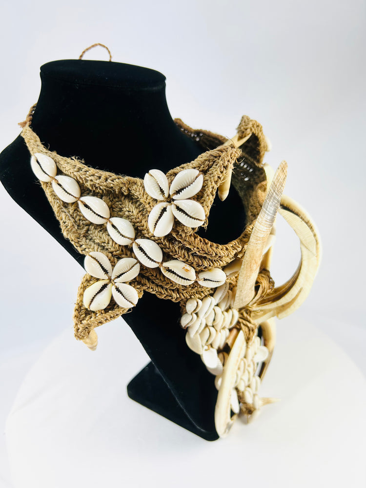 Antique Tribal Regalia | Ceremonial Ornament of Cowrie Shells & Boar Tusks | Circa Early 20th Century