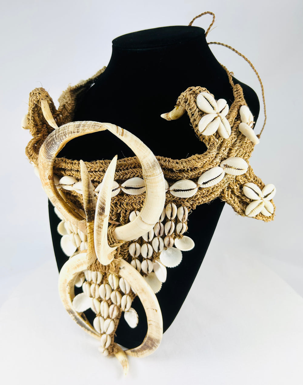 Early 20th-century Melanesian apron with cowrie shells, boar tusks, and woven fiber construction