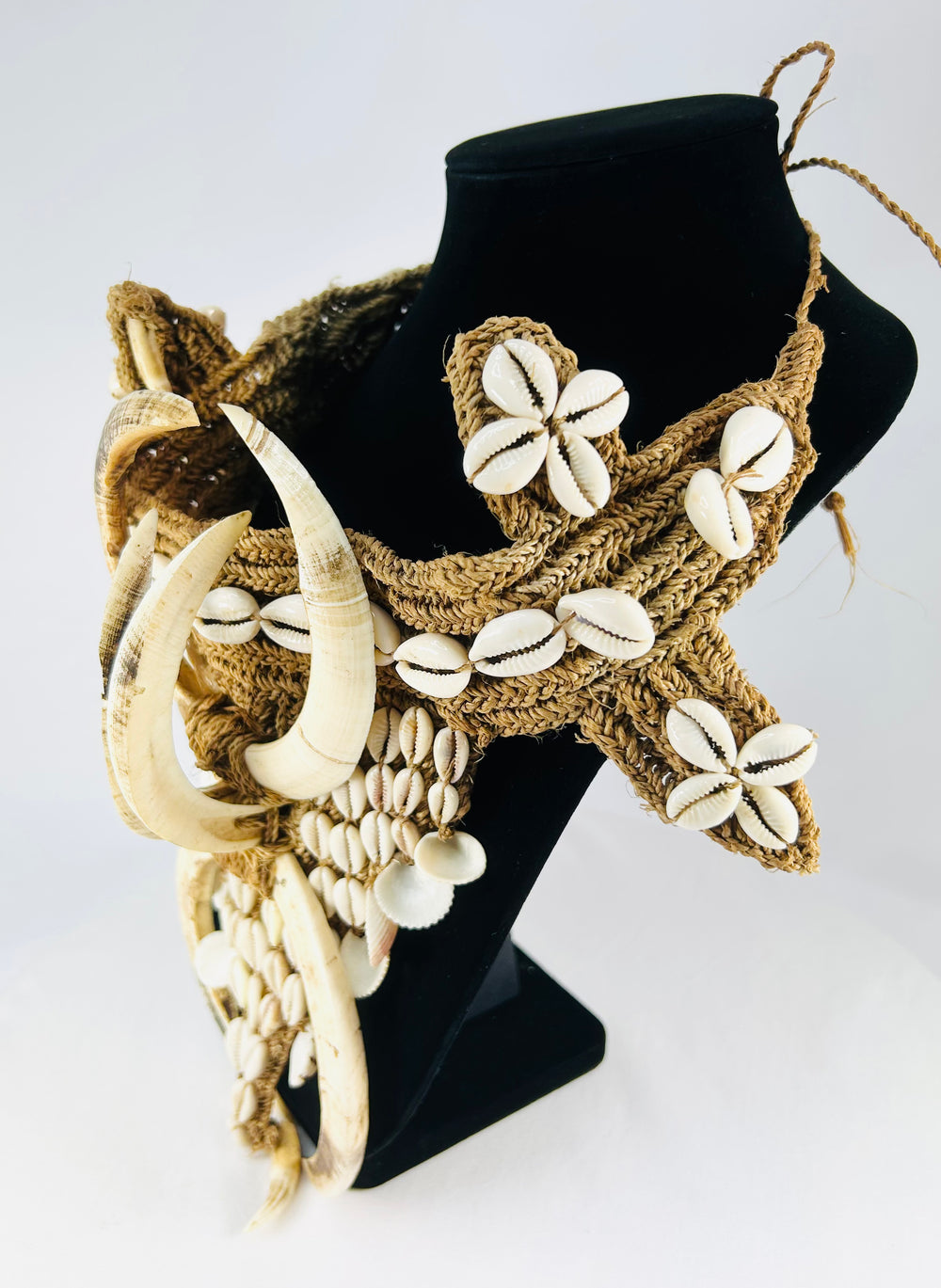 Papua New Guinea tribal regalia, ceremonial apron with natural materials, boar tusks, cowries