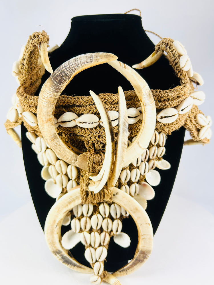 Antique Tribal Regalia | Ceremonial Ornament of Cowrie Shells & Boar Tusks | Circa Early 20th Century