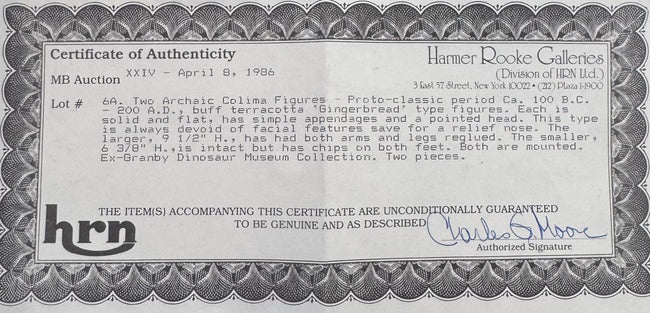Original Harmer Rooke Galleries Certificate of Authenticity issued for two Ancient Pre-Columbian Colima Gingerbread terracotta figures, Auction XXIV, April 8, 1986