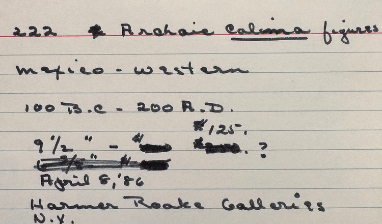 Original handwritten McMillan Collection inventory notes documenting the Ancient Pre-Columbian Colima Gingerbread terracotta figures, acquisition from Harmer Rooke Galleries, and dating information