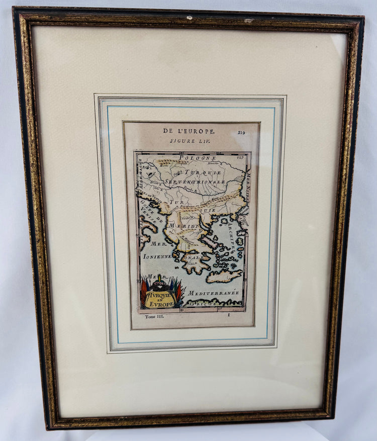 Seventeenth-century French map of the Ottoman Empire in Europe with original hand coloring and period cartography.
