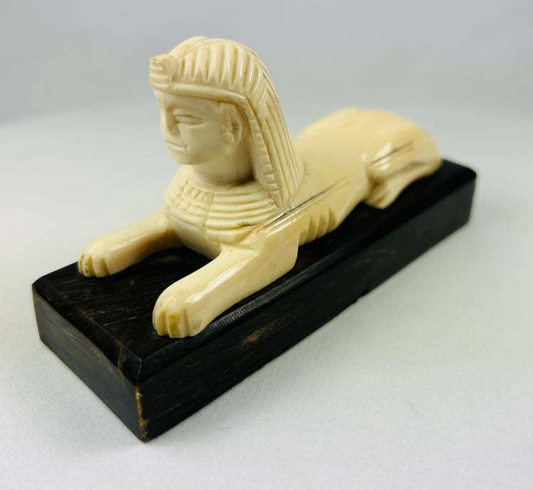 Carved Sphinx on Wooden Base | Egyptomania Decorative Art | Early–Mid 20th Century