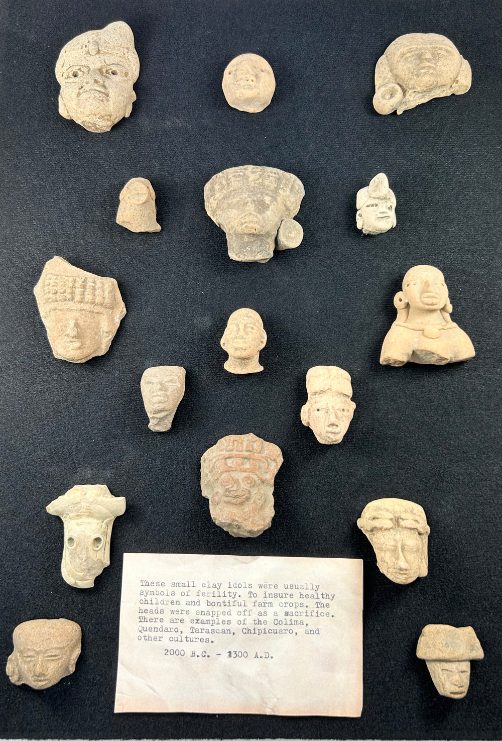 Mesoamerican terracotta fragments, 200 BCE–900 CE, Teotihuacan and Veracruz traditions, mounted in shadowbox