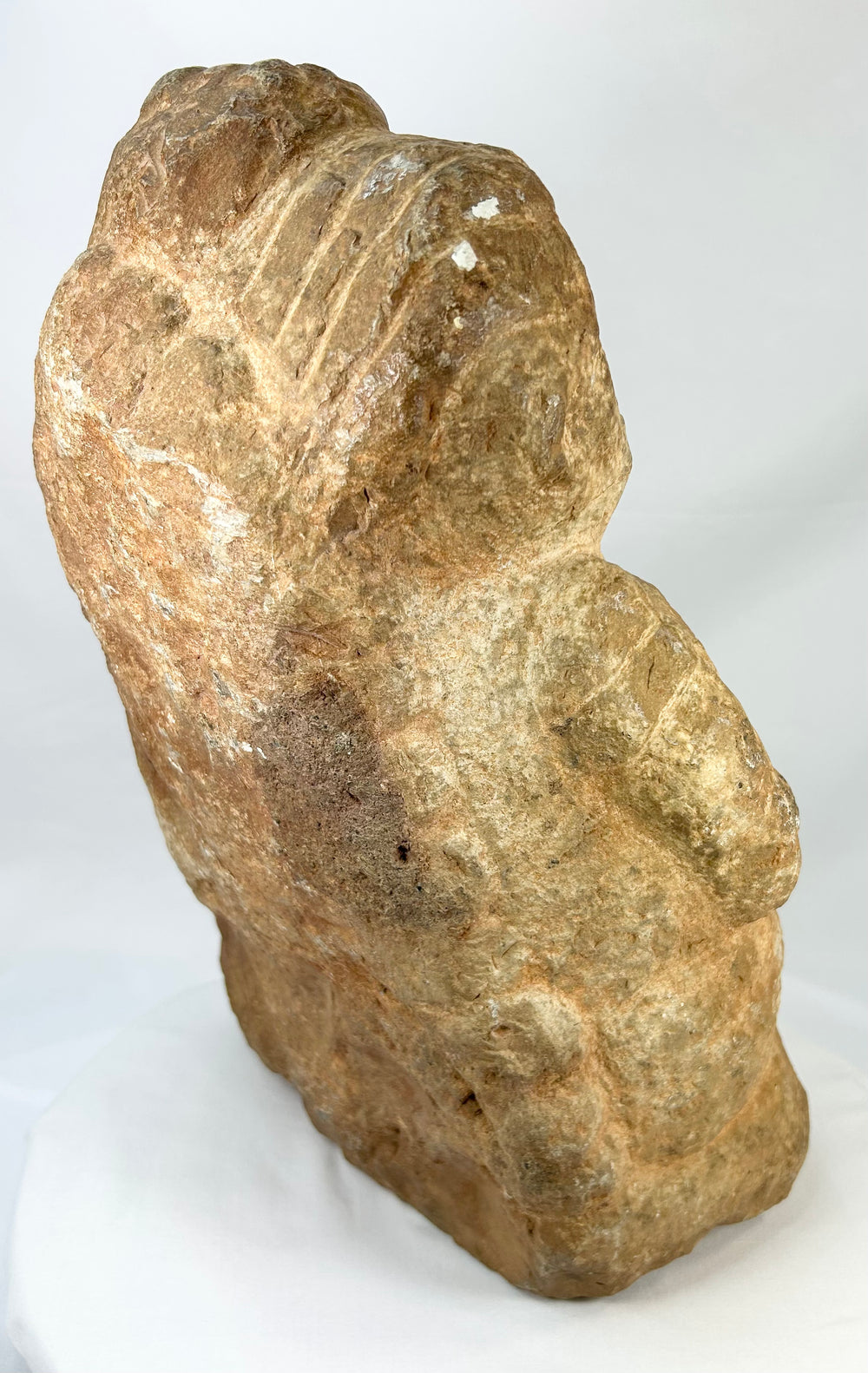 Rear view of Majapahit three-faced Brahma stone sculpture, 14th–15th century Java, Indonesia, carved from volcanic andesite with natural patina and temple wear.