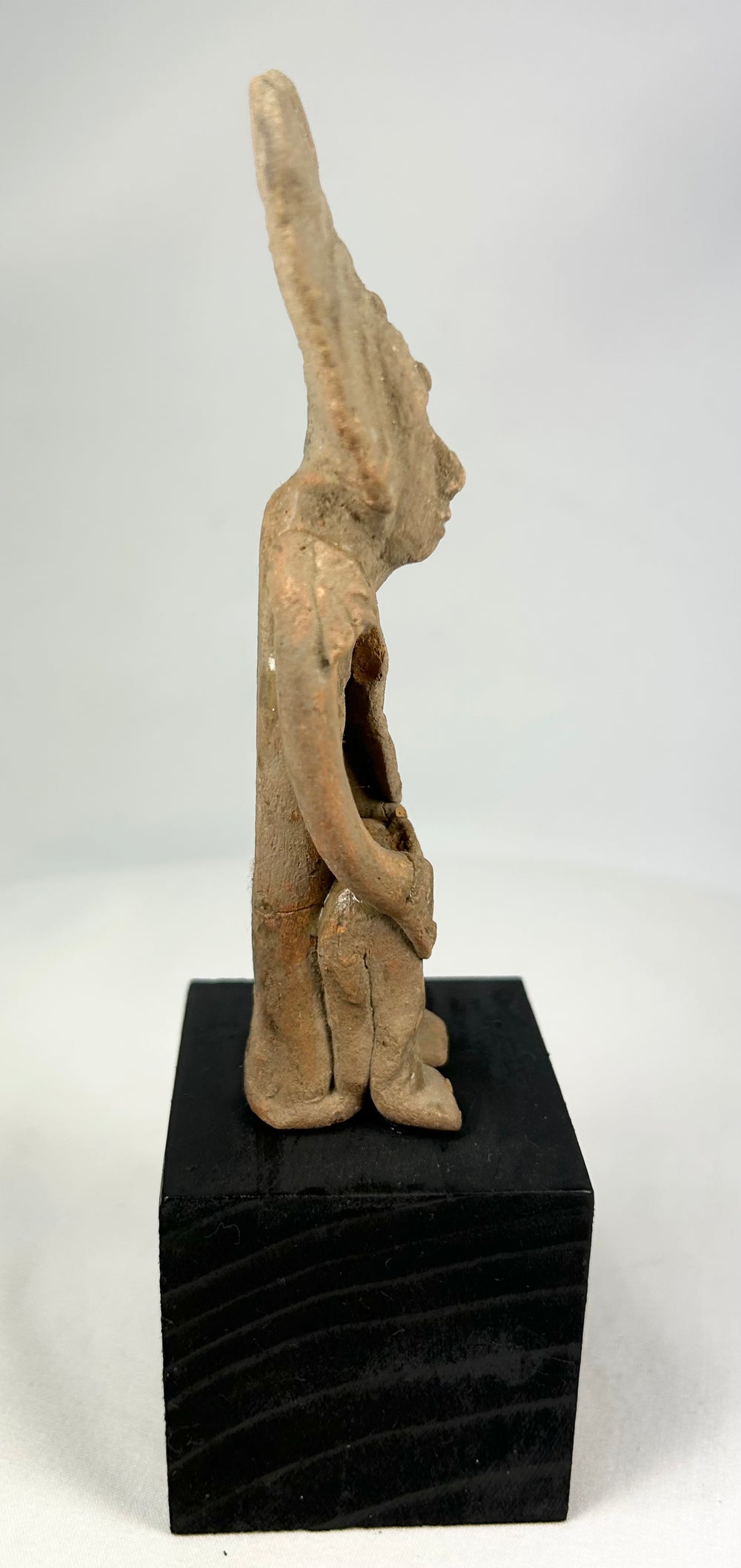 West Mexican Pre-Columbian terracotta effigy, shaft tomb culture, mineral accretions, display-mounted