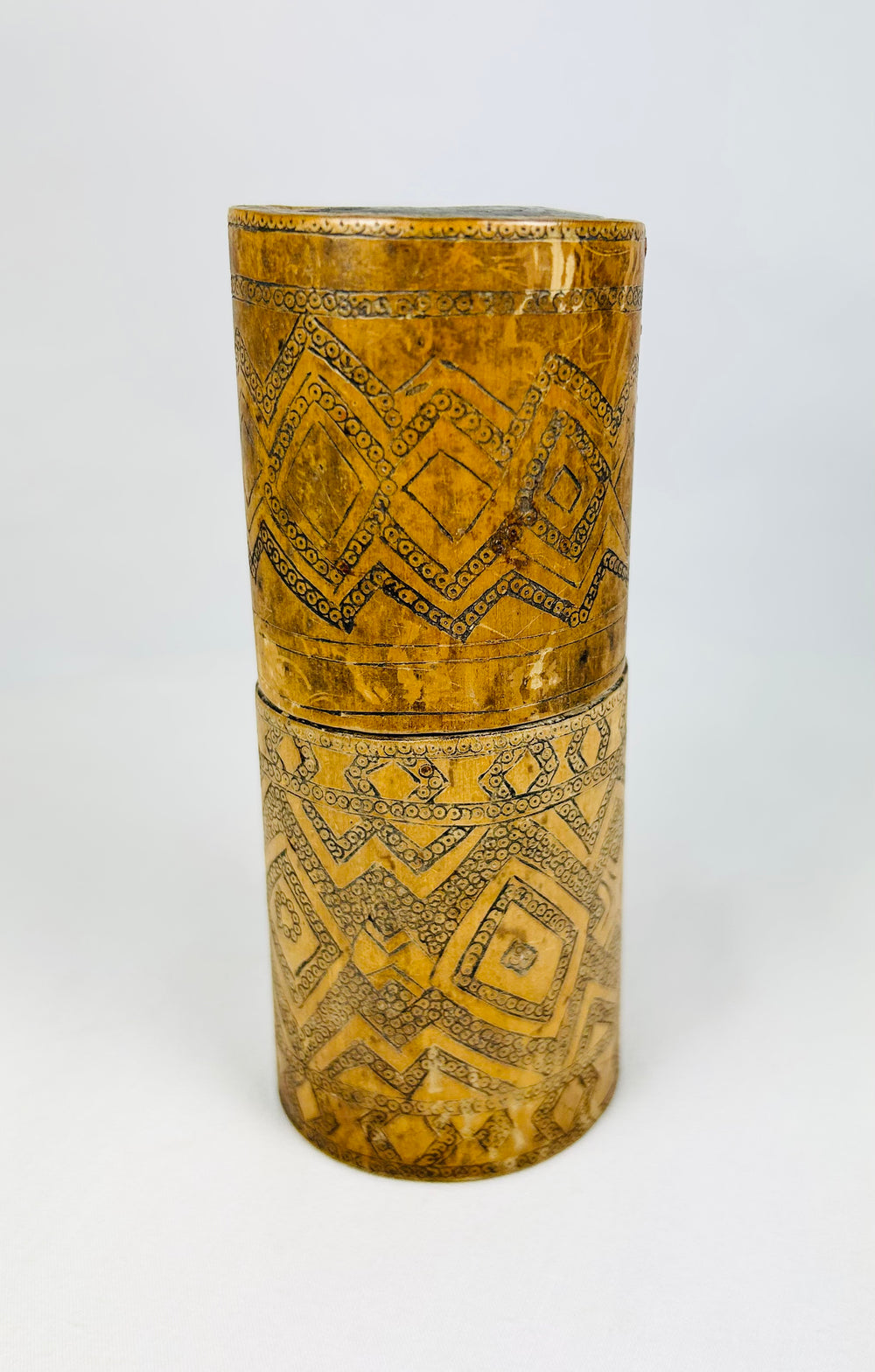 Cylindrical antique bamboo lime container with fitted lid and base, Island Southeast Asia