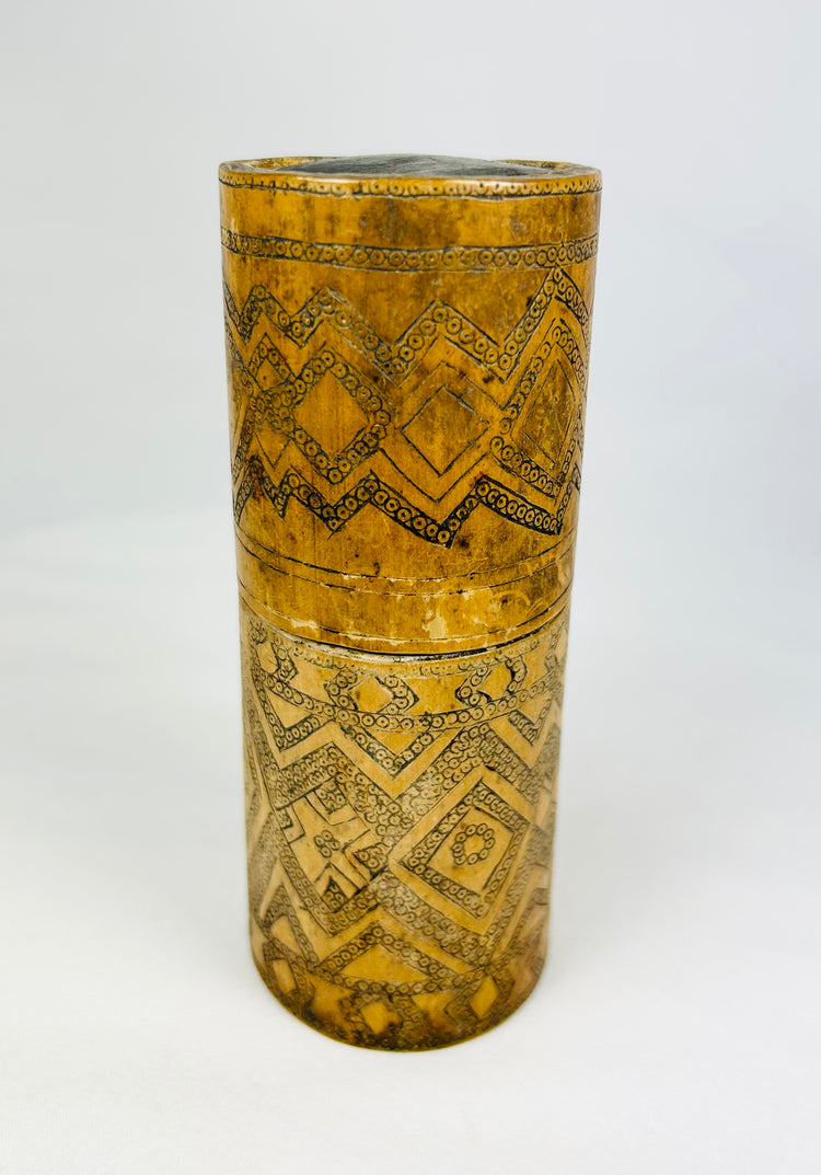 Carved Bamboo Container with Fitted Lid | Incised Geometric Design | Circa 19th Century
