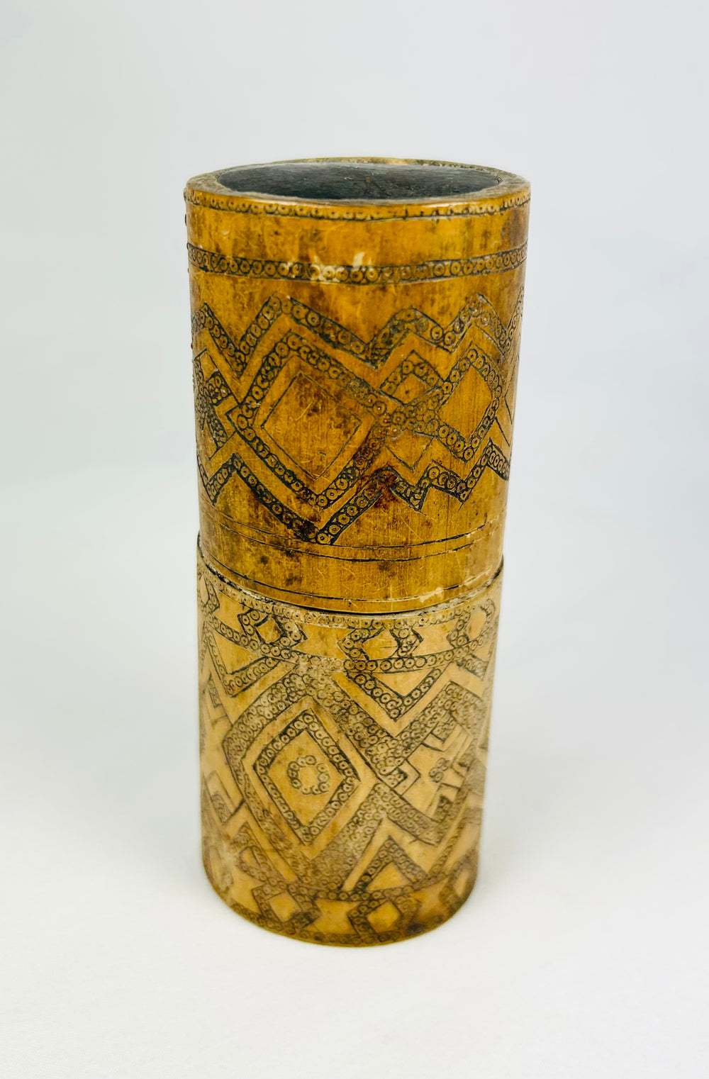 Traditional 19th-century bamboo betel nut lime vessel with fitted lid and base