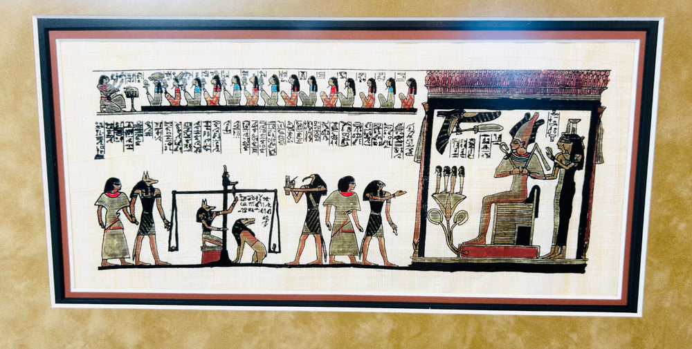 Egyptian papyrus reproduction depicting funerary and ritual scenes, double-matted gold and black frame