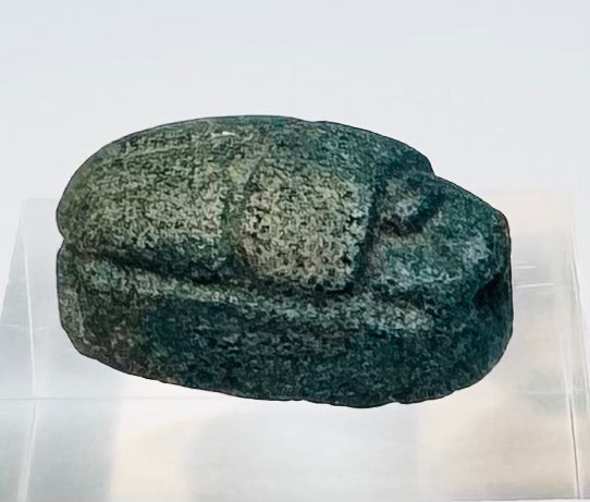 Top view of ancient Egyptian blue faience scarab showing carved head, thorax, and wings