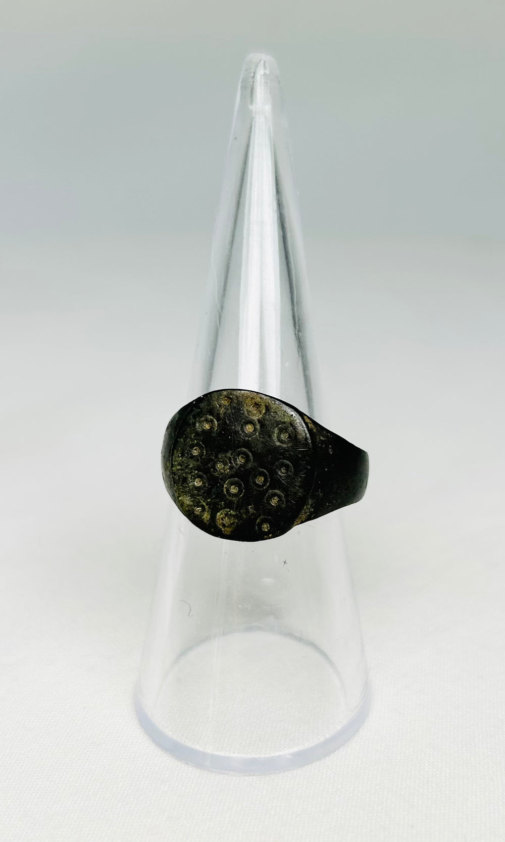 Ancient Roman bronze ring photographed to show natural patina and historical wear