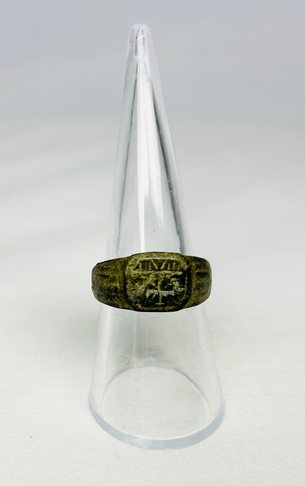 Roman bronze ring from early Christian period (1st–4th Century CE), Christogram engraving visible, genuine artifact from Relic and Rarity.