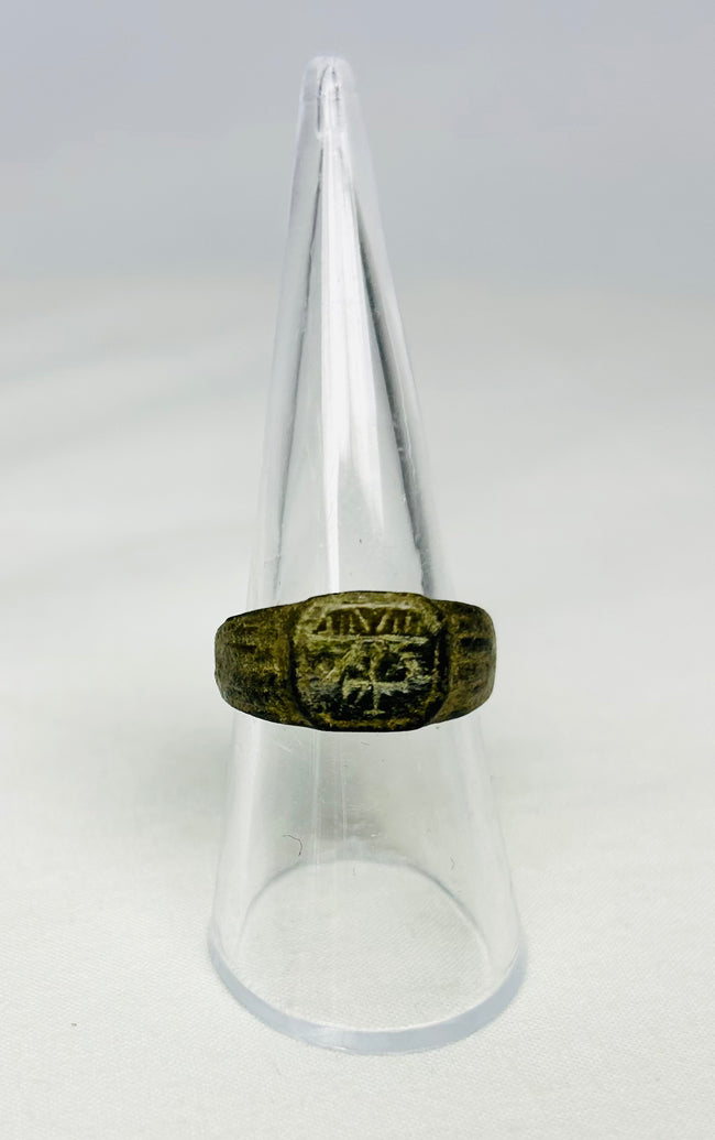 Roman bronze ring from early Christian period (1st–4th Century CE), Christogram engraving visible, genuine artifact from Relic and Rarity.