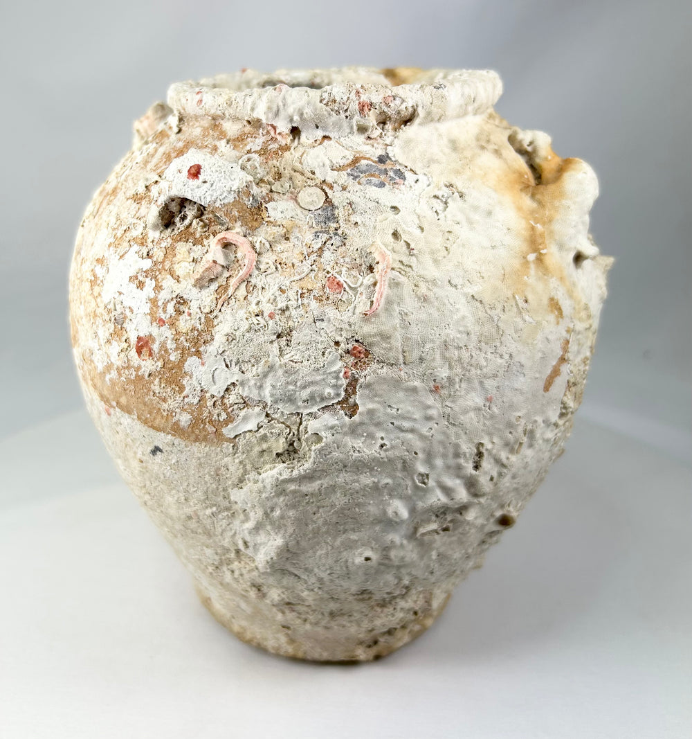 Song Dynasty shipwreck terracotta jar heavily encrusted with sea calcification, wide rounded vessel with tapered neck