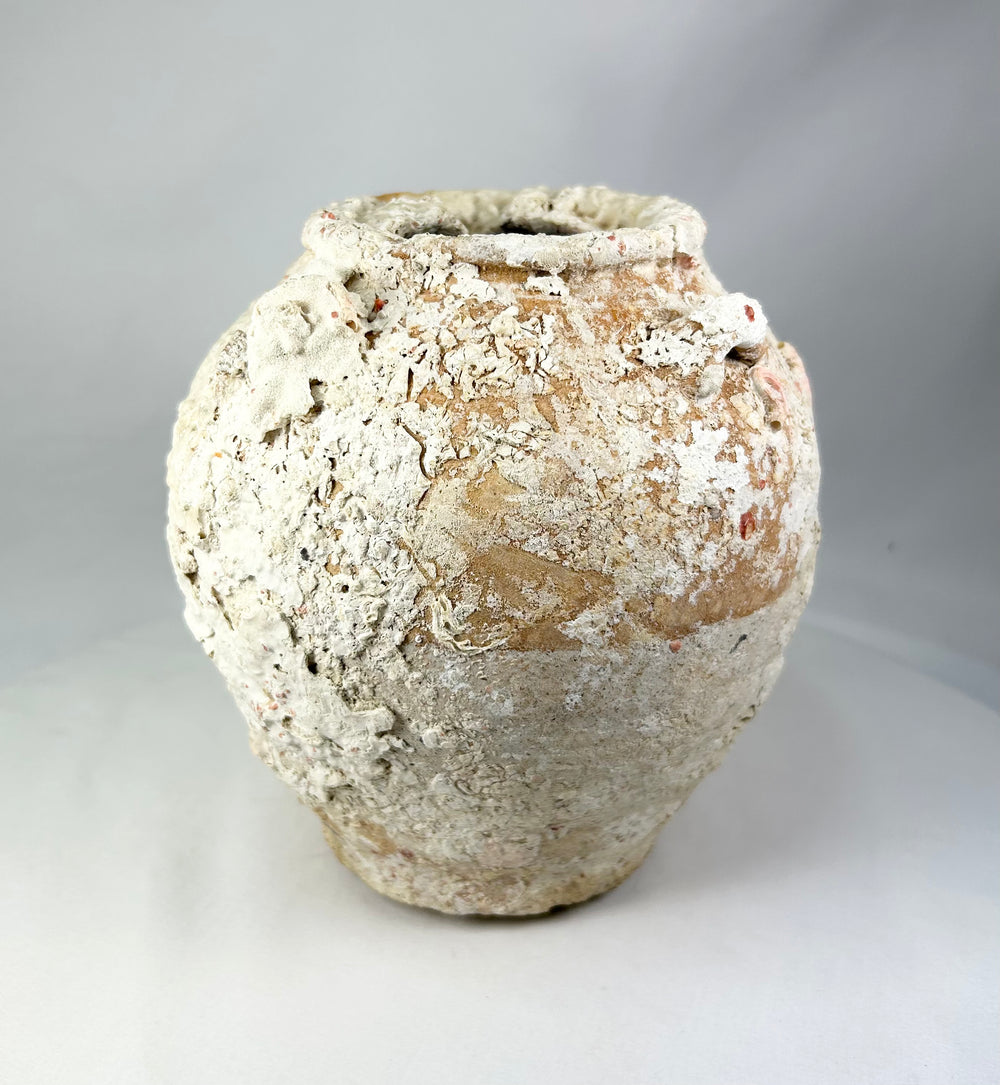Terracotta Song Dynasty shipwreck jar featuring marine calcifications, wide-bodied storage vessel with narrow tapered neck