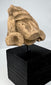 Ancient Mesoamerican carved head fragment with geometric features and mineral deposits
