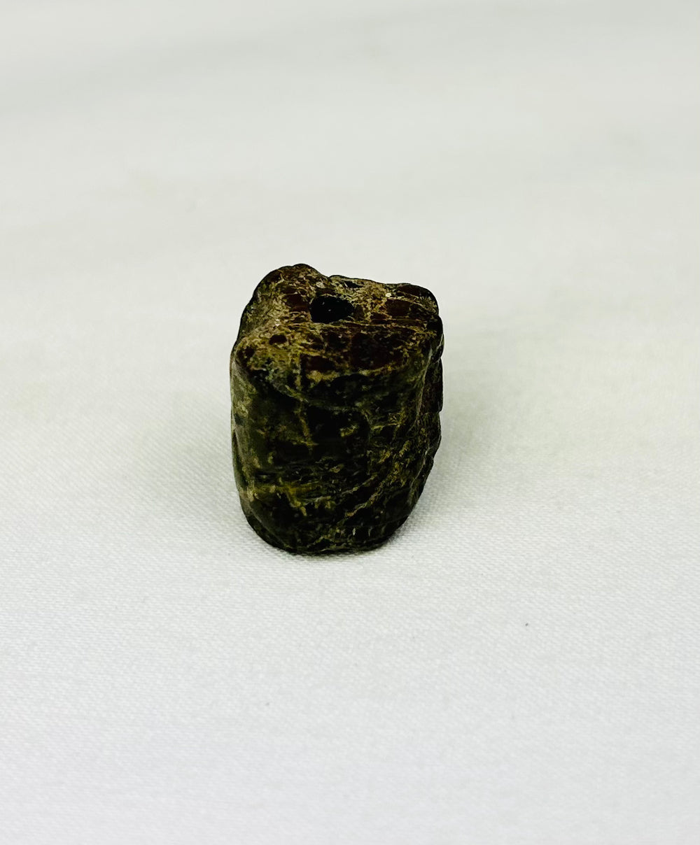 Archaeological Egyptian amulet bead carved with serpentine motifs and perforated for wearing