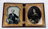 Rotating view of a mid-19th-century double ambrotype set with portraits of a Victorian gentleman and young woman, gilt brass mats, velvet lining, and an ornate molded thermoplastic union case