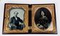 Rotating view of a mid-19th-century double ambrotype set with portraits of a Victorian gentleman and young woman, gilt brass mats, velvet lining, and an ornate molded thermoplastic union case