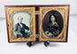 Rotating view of a mid-19th-century double ambrotype set with portraits of a Victorian gentleman and young woman, gilt brass mats, velvet lining, and an ornate molded thermoplastic union case