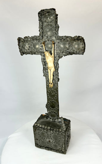 Bronze cross with gilded Christ — front-left angled view on white background