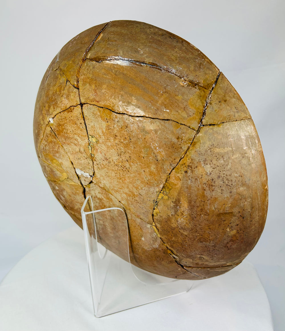 Right-rear view of plate underside displaying join seams and surface patina.