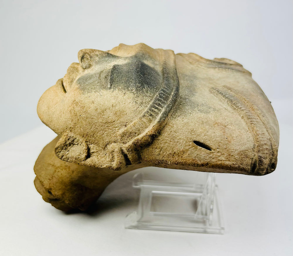 Mesoamerican terracotta head photographed in partial profile, showing swirling hair design.