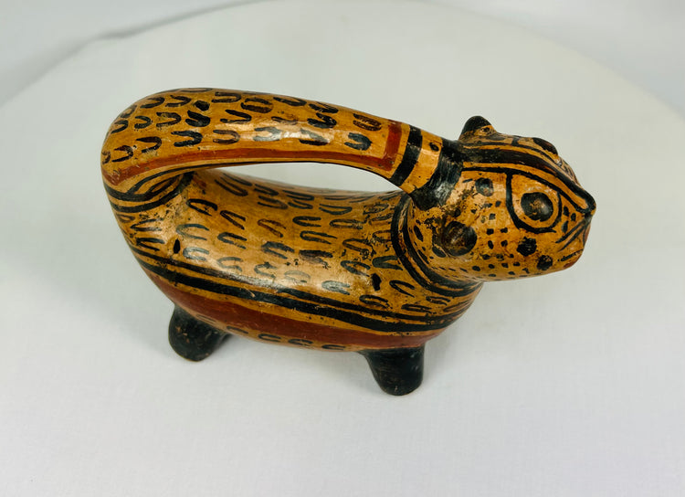 Ancient Guanacaste-Nicoya feline vessel with painted spotted motif and polished red slip finish