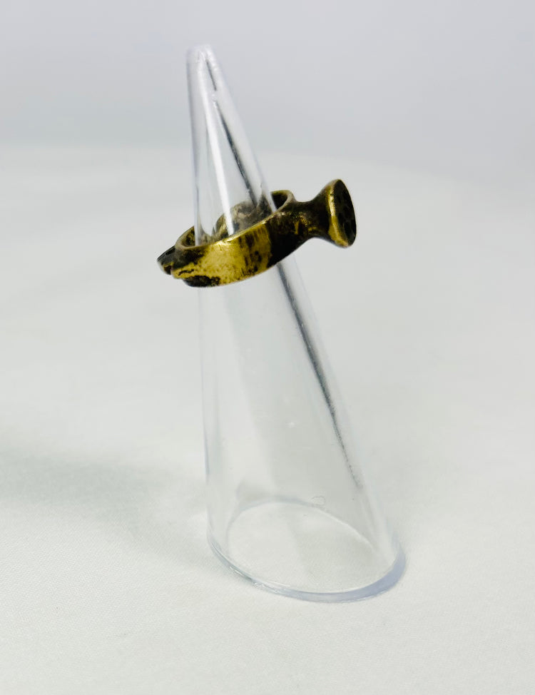 Oblique view of Roman bronze ring under studio lighting showing patina color variations.