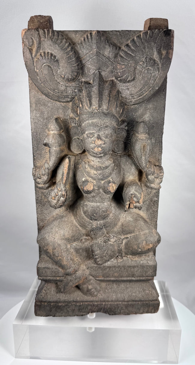 Late 19th-century wooden carving of Lakshmi surrounded by elephants