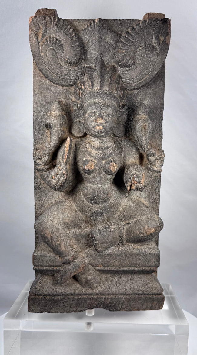 Indian Gajalakshmi architectural carving with elephants and custom display stand