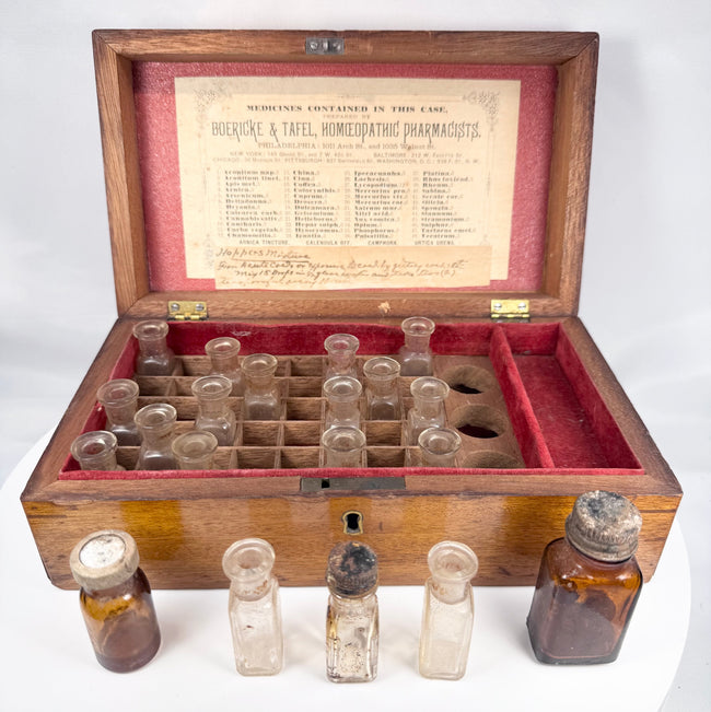 Antique homeopathic chest with original printed medicine inventory label