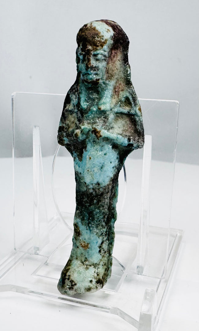 Ptolemaic Period faience ushabti with turquoise glaze and burial deposits