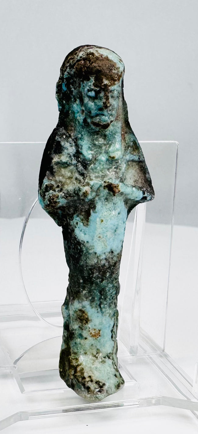 Late Period Egyptian funerary ushabti with crossed arms and headdress