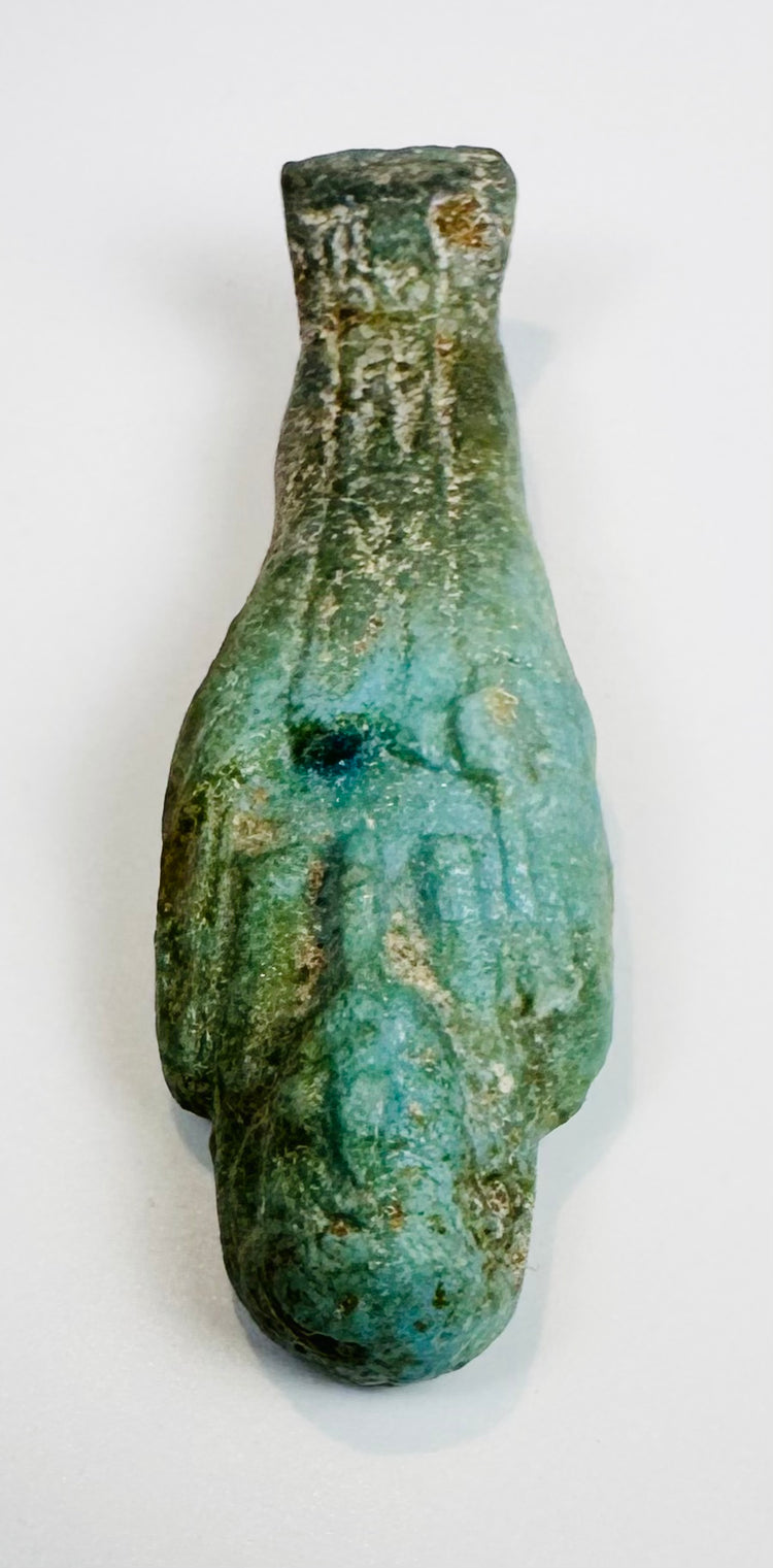 Inscribed Egyptian burial figure with turquoise glaze and mineral deposits