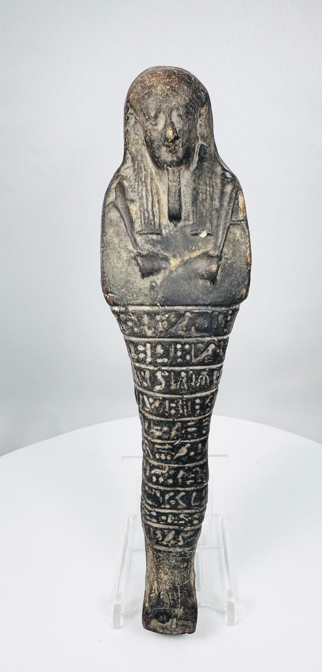 Ancient Egyptian stone ushabti with multiple registers of incised hieroglyphs, Late 25th to Early 26th Dynasty
